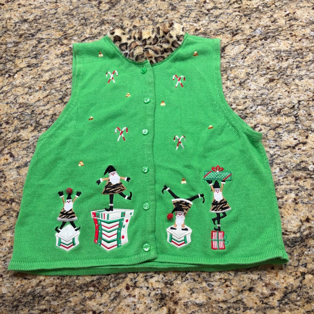 Crystal Kobe Christmas Sweater Vest Green Leopard Fur Trim Santa XL Womens